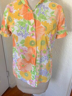 Vintage PJ Pajama Top Floral Orange yellow 60s 70s button up short sleeve